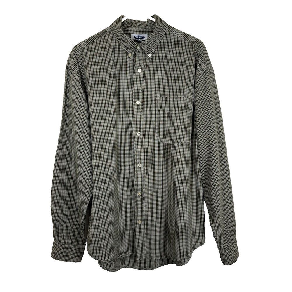 Old Navy Button-Down Shirt Mens L Brown Beige & Blue Check Cotton Long Sleeve